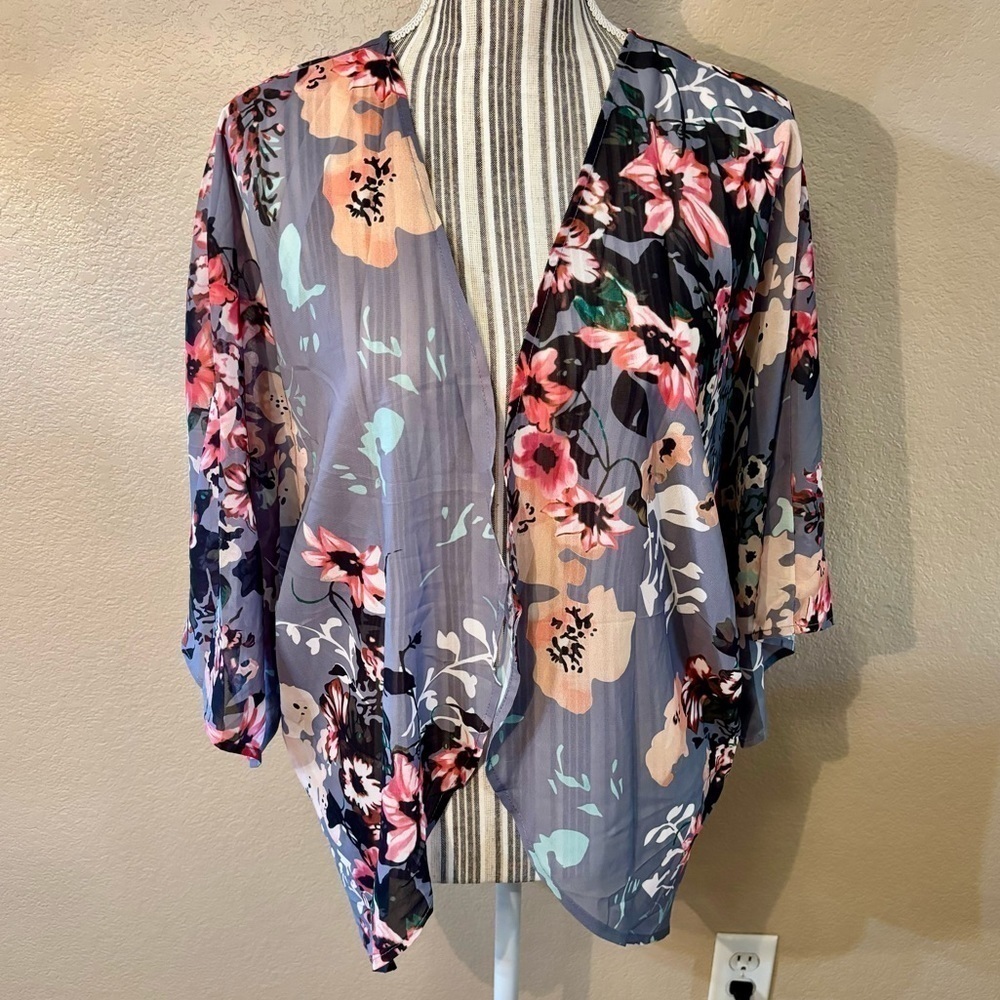Open Cardigan Blouse Large Grey Floral Pink Gold Peach Sheer Mandarin